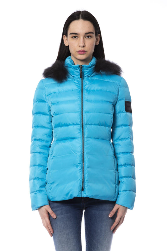 Chic Light Blue Puffer Jacket with Fur