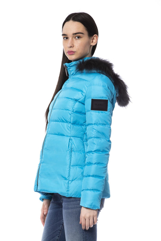 Chic Light Blue Puffer Jacket with Fur