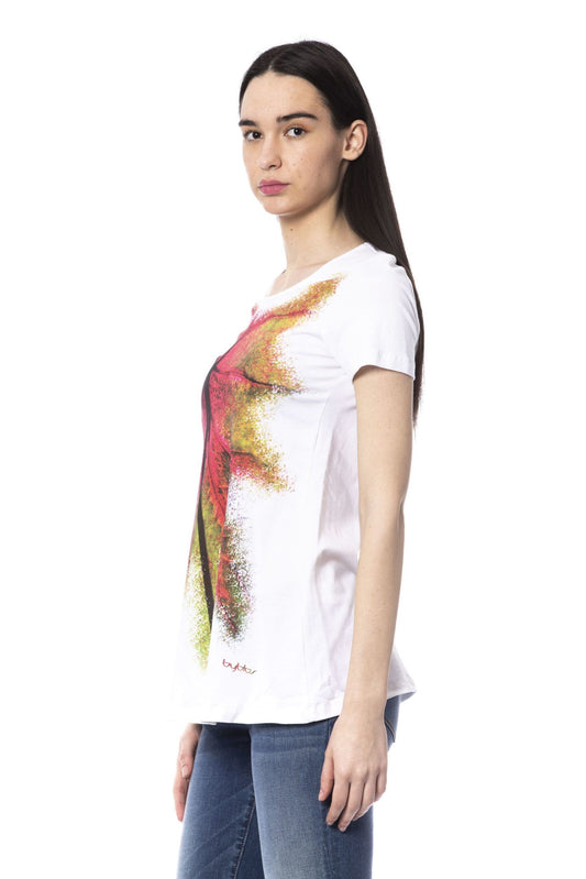Elegant White Round Neck Tee with Chic Print