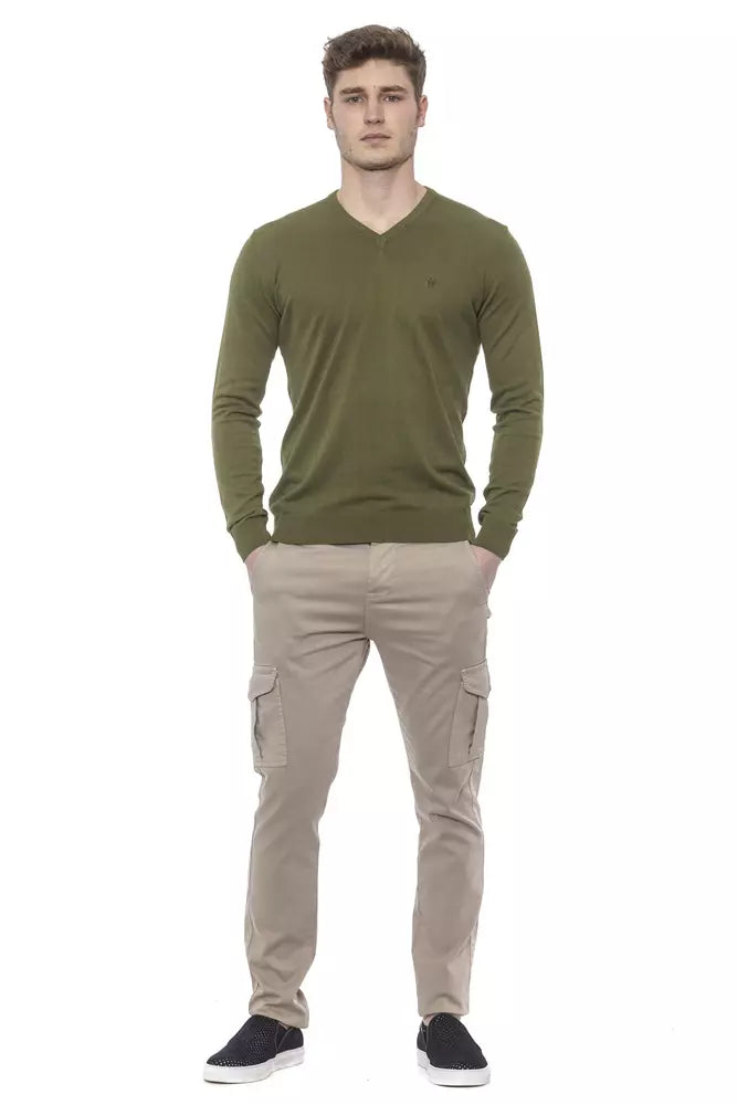 Elegant V-Neck Green Cotton Sweater