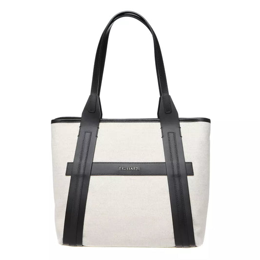 Elegant White Fabric Shoulder Bag with Leather Accents