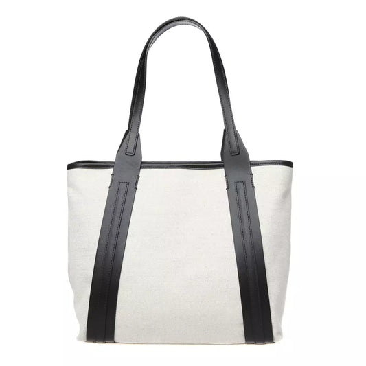 Elegant White Fabric Shoulder Bag with Leather Accents