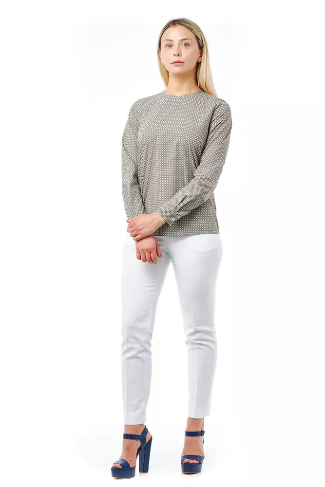 Elegant Round Neck Green Blouse with Lily Print