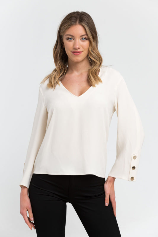 Elegant White V-Neck Blouse with Cady Detailing