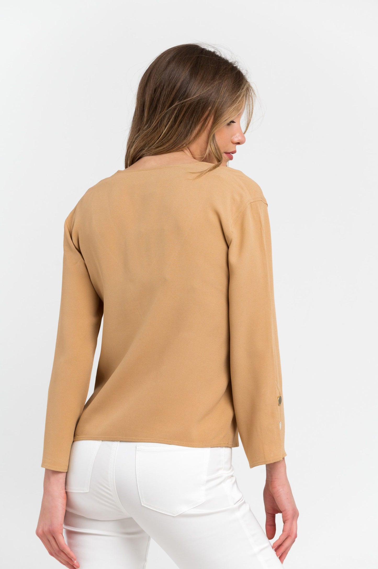 Elegant Beige Viscose Blend V-Neck Blouse