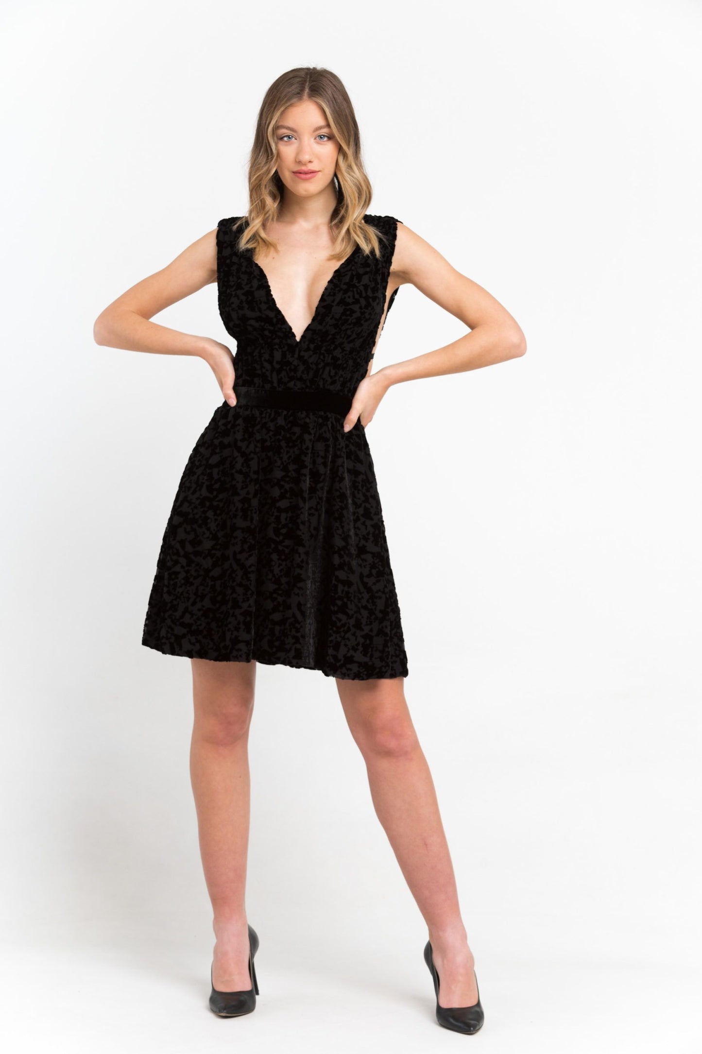 Velvet Embroidered V-Neck Short Dress