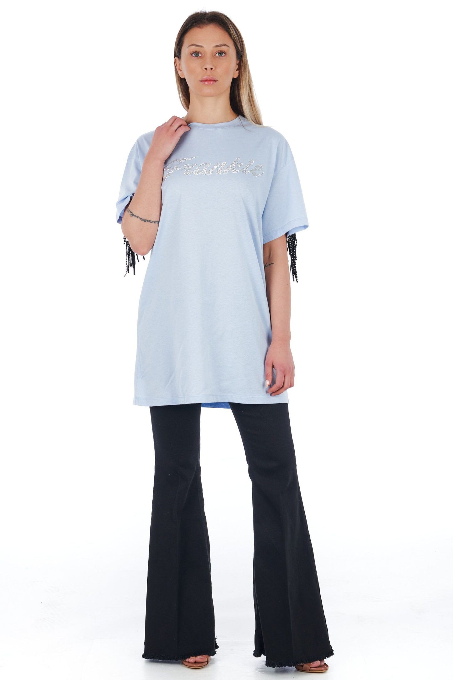 Chic Oversized Tee with Studded Fringe Detail