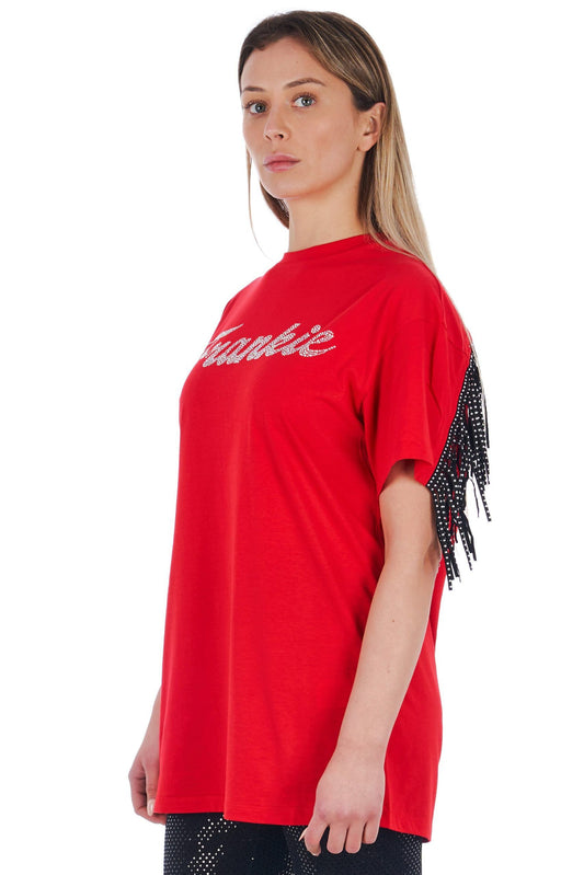 Oversized Red Tee with Studded Fringe