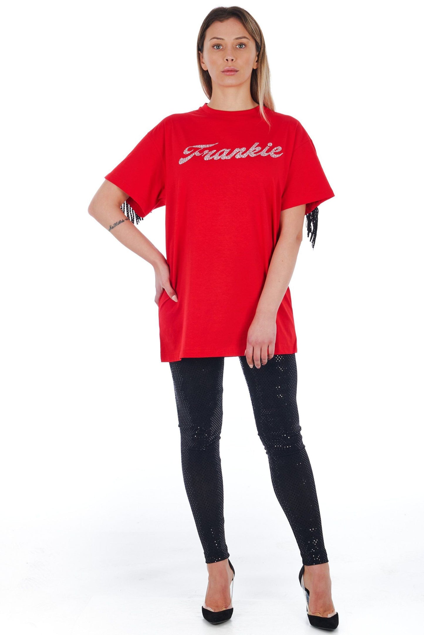 Oversized Red Tee with Studded Fringe