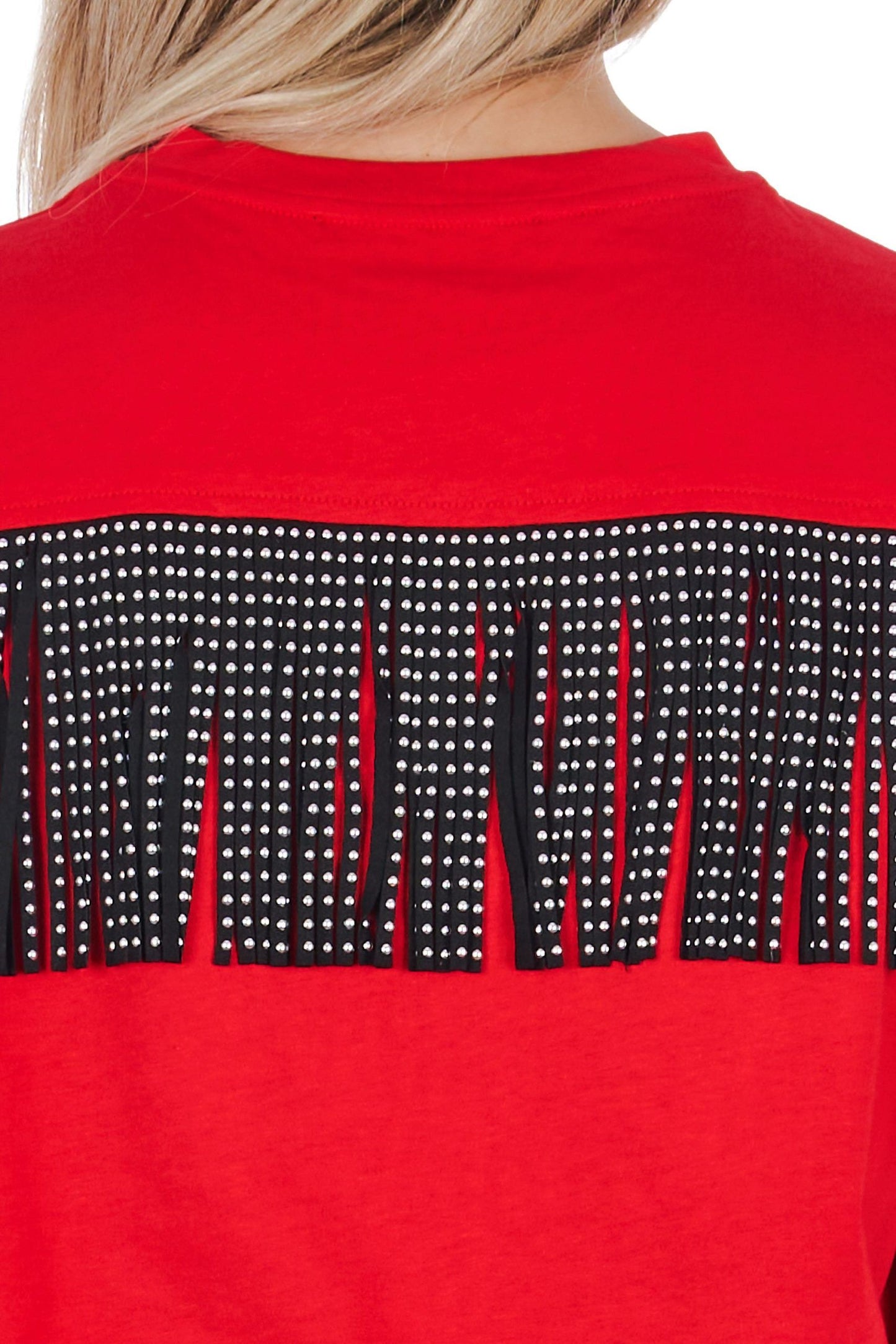 Oversized Red Tee with Studded Fringe