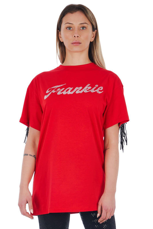 Oversized Red Tee with Studded Fringe