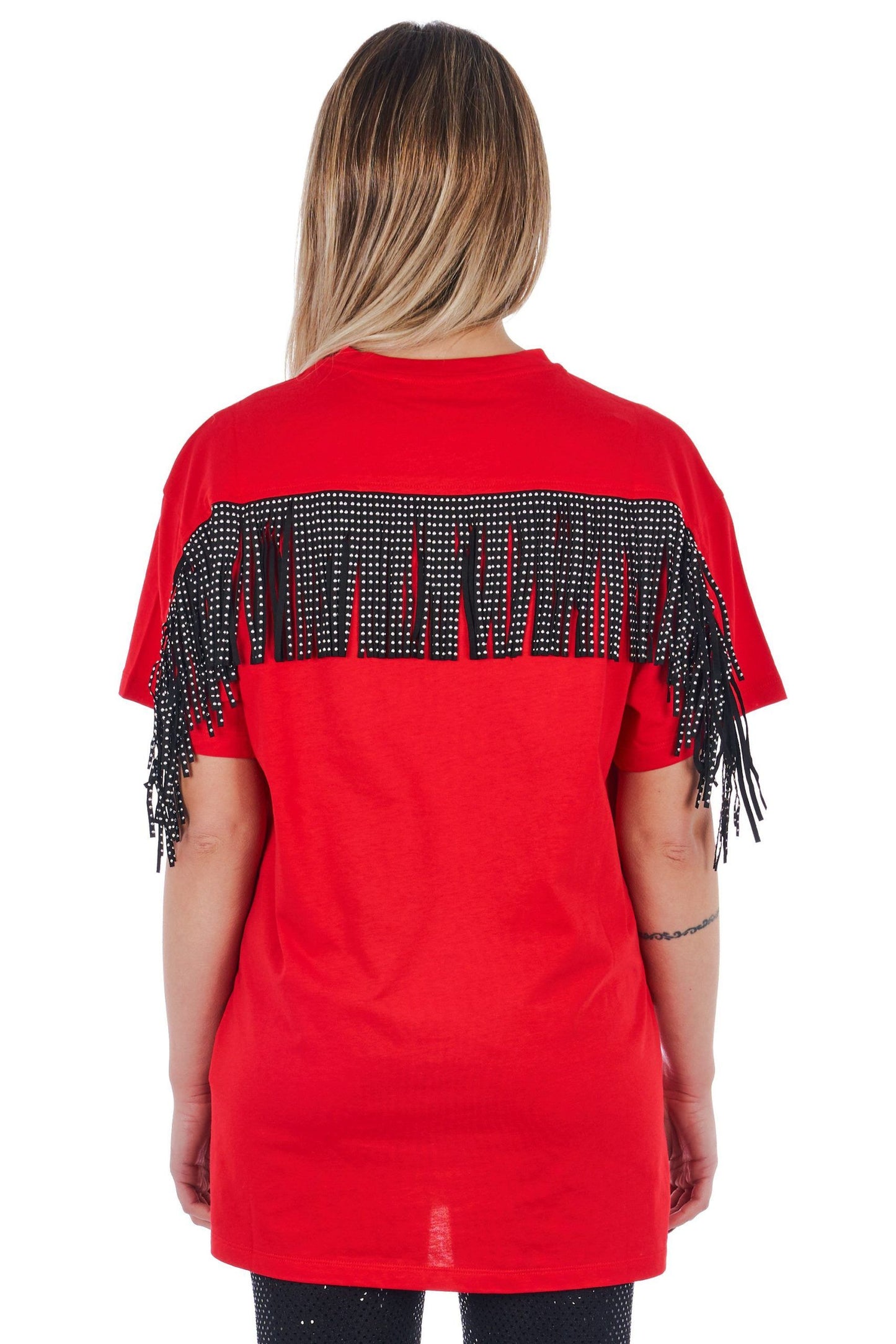 Oversized Red Tee with Studded Fringe