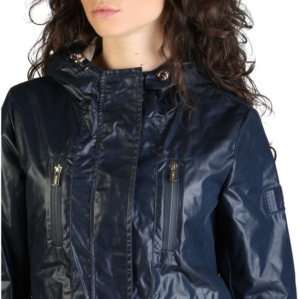 Chic Blue Hooded Waist-Drawstring Jacket for Women