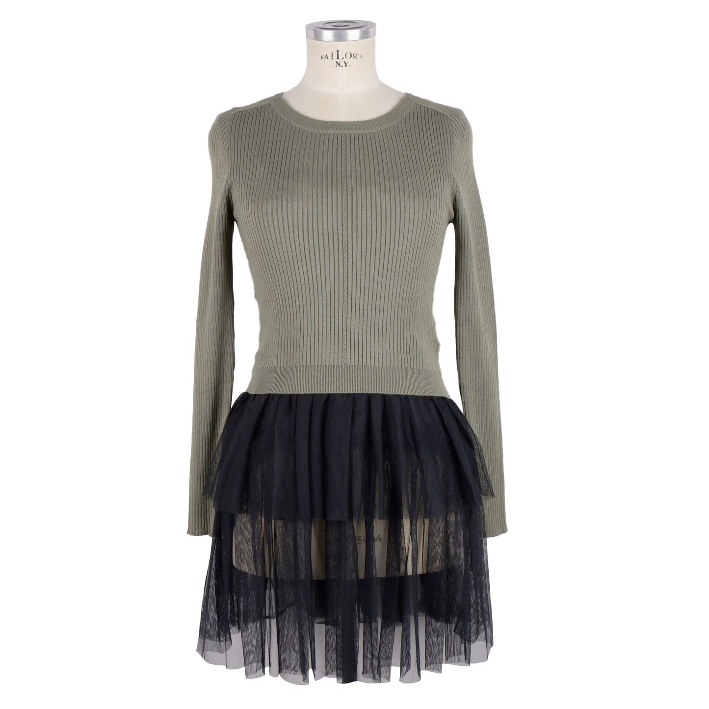 Chic Green Ribbed Sweater with Belt and Tulle Tank Combo
