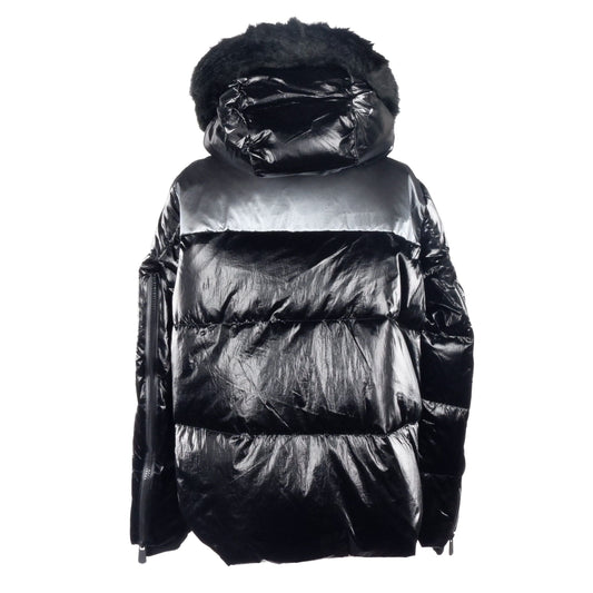 Metallic Black Down Jacket with Faux Fur Hood