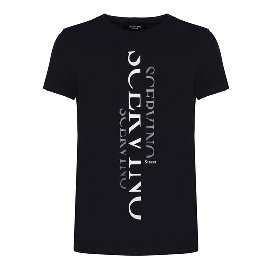 Elegant Black Cotton Tee with Vertical Logo