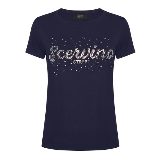 Sparkling Blue Strass Logo Cotton T-Shirt