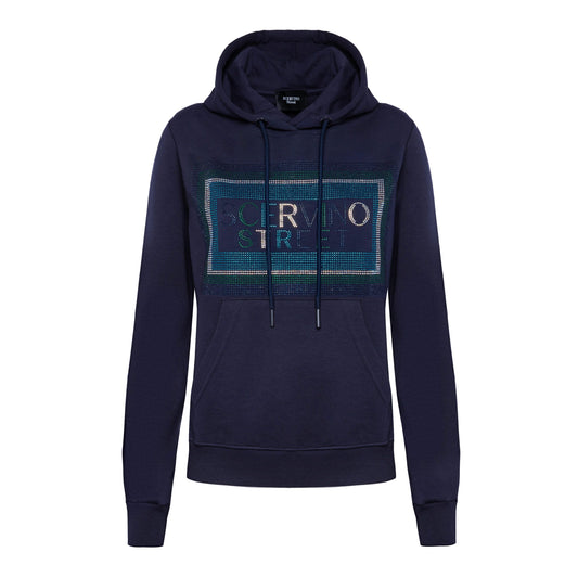 Elegant Blue Strass Logo Hooded Sweatshirt