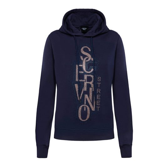 Elegant Blue Hooded Cotton Sweatshirt with Strass Logo