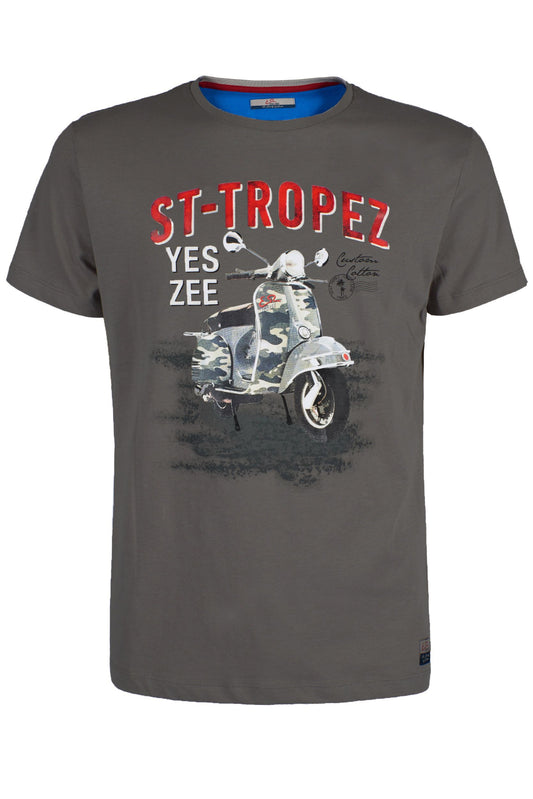 Chic Gray Round Neck Tee with Front Print