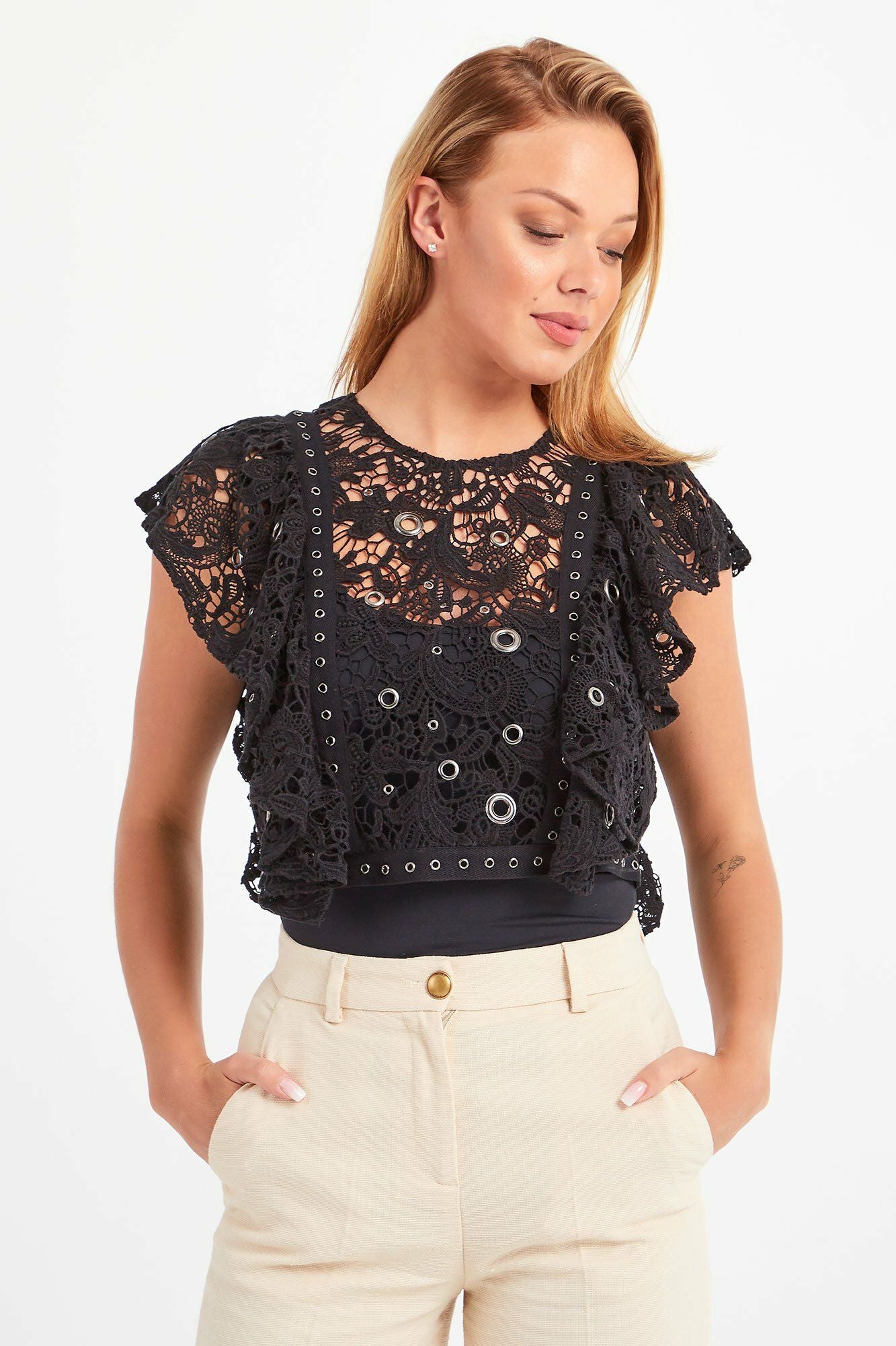 Sleeveless Cotton Lace Top with Eyelet Details