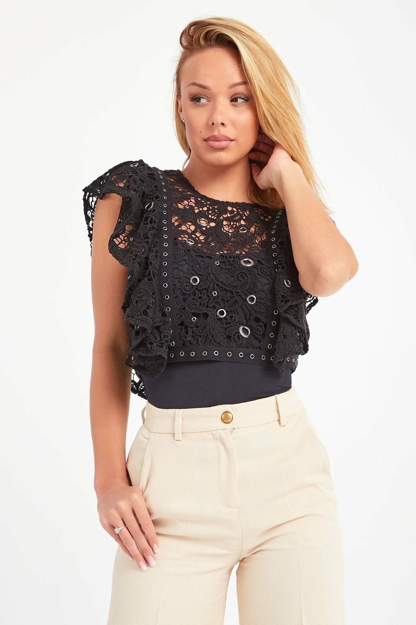 Sleeveless Cotton Lace Top with Eyelet Details
