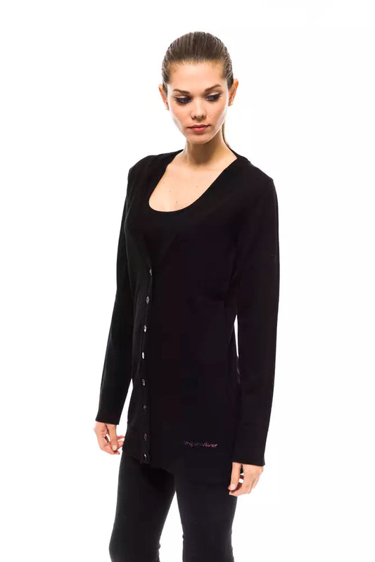 Chic Black Long Cardigan with Logo Detail