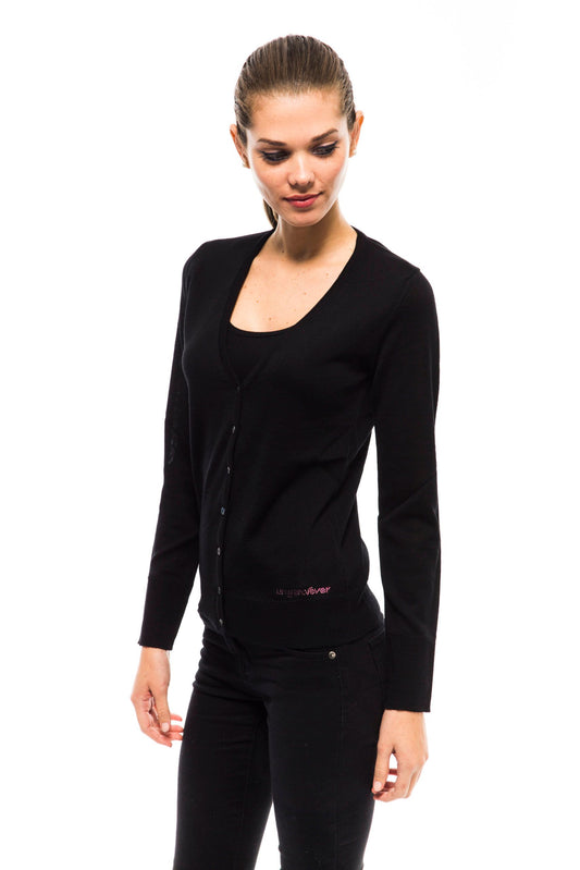 Chic Black Short Cardigan with Logo Detail