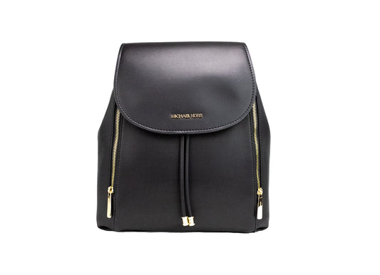 Phoebe Medium Black Smooth Leather Drawstring Flap Backpack Bookbag