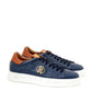 Elegant Blue Leather Sneakers with Gold Accents