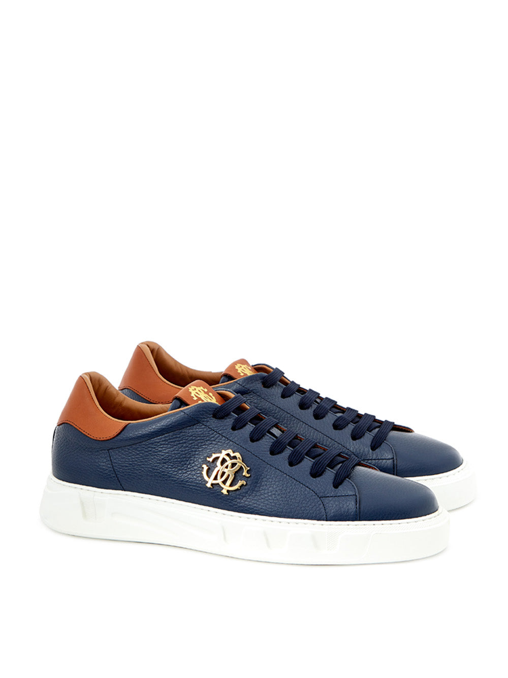 Elegant Blue Leather Sneakers with Gold Accents