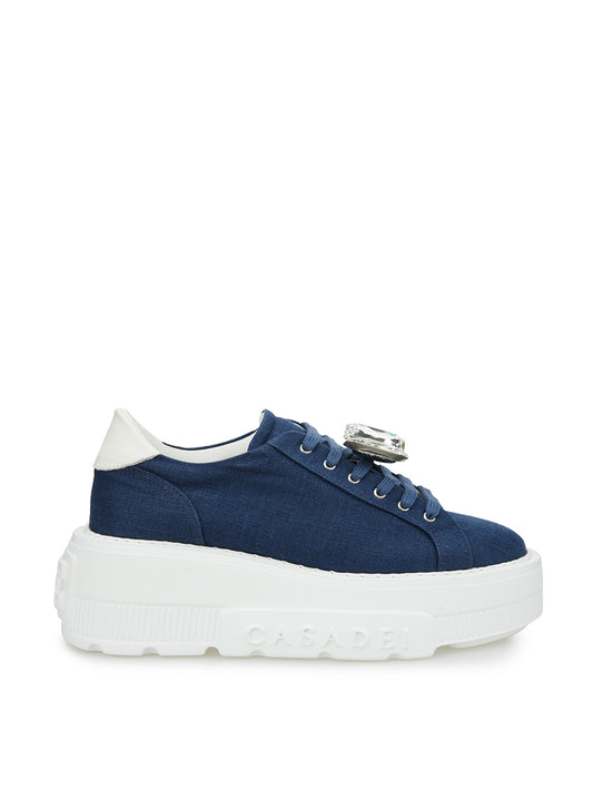 Denim Crystal-Studded Platform Sneakers