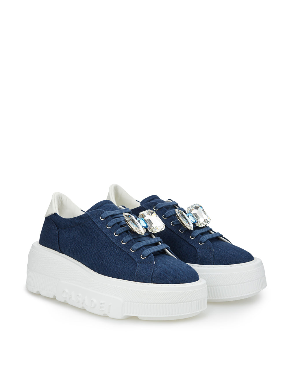 Denim Crystal-Studded Platform Sneakers