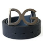 Blue Leather Silver Logo Metal Buckle Belt