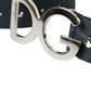 Blue Leather Silver Logo Metal Buckle Belt