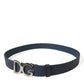 Blue Leather Silver Logo Metal Buckle Belt