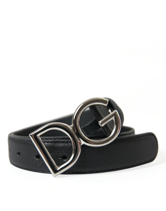 Black Leather Silver DG Logo Buckle Belt