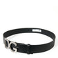 Black Leather Silver Logo Metal Buckle Belt