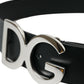 Black Leather Silver Logo Metal Buckle Belt