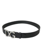 Black Leather Silver Logo Metal Buckle Belt