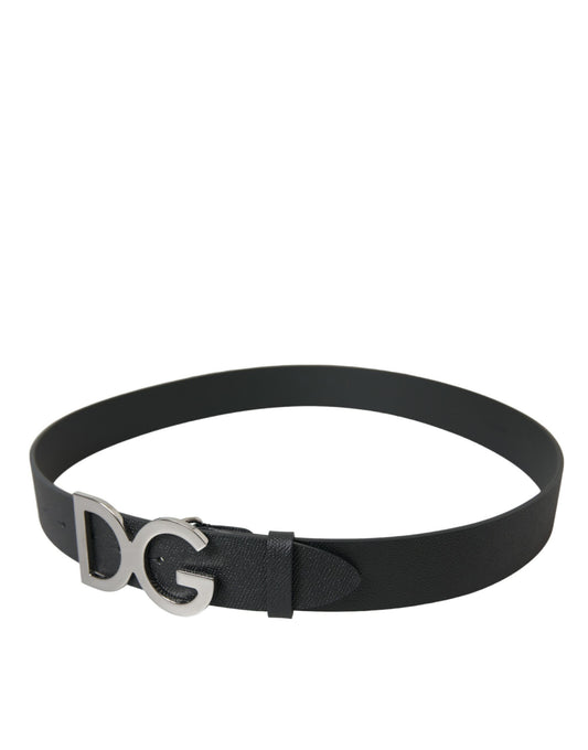 Black Leather Silver Logo Metal Buckle Belt