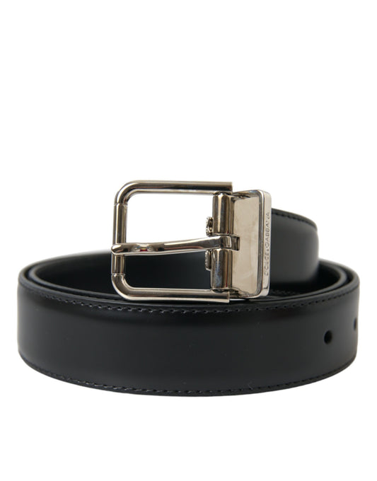 Black Calf Leather Silver Metal Buckle Belt