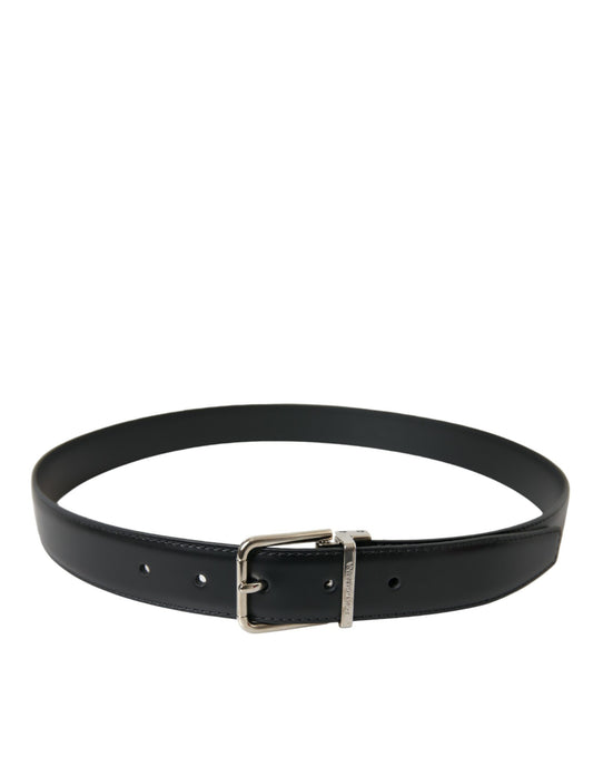 Black Calf Leather Silver Metal Buckle Belt