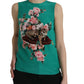 Green Floral Cat Silk Round Neck Tank Top