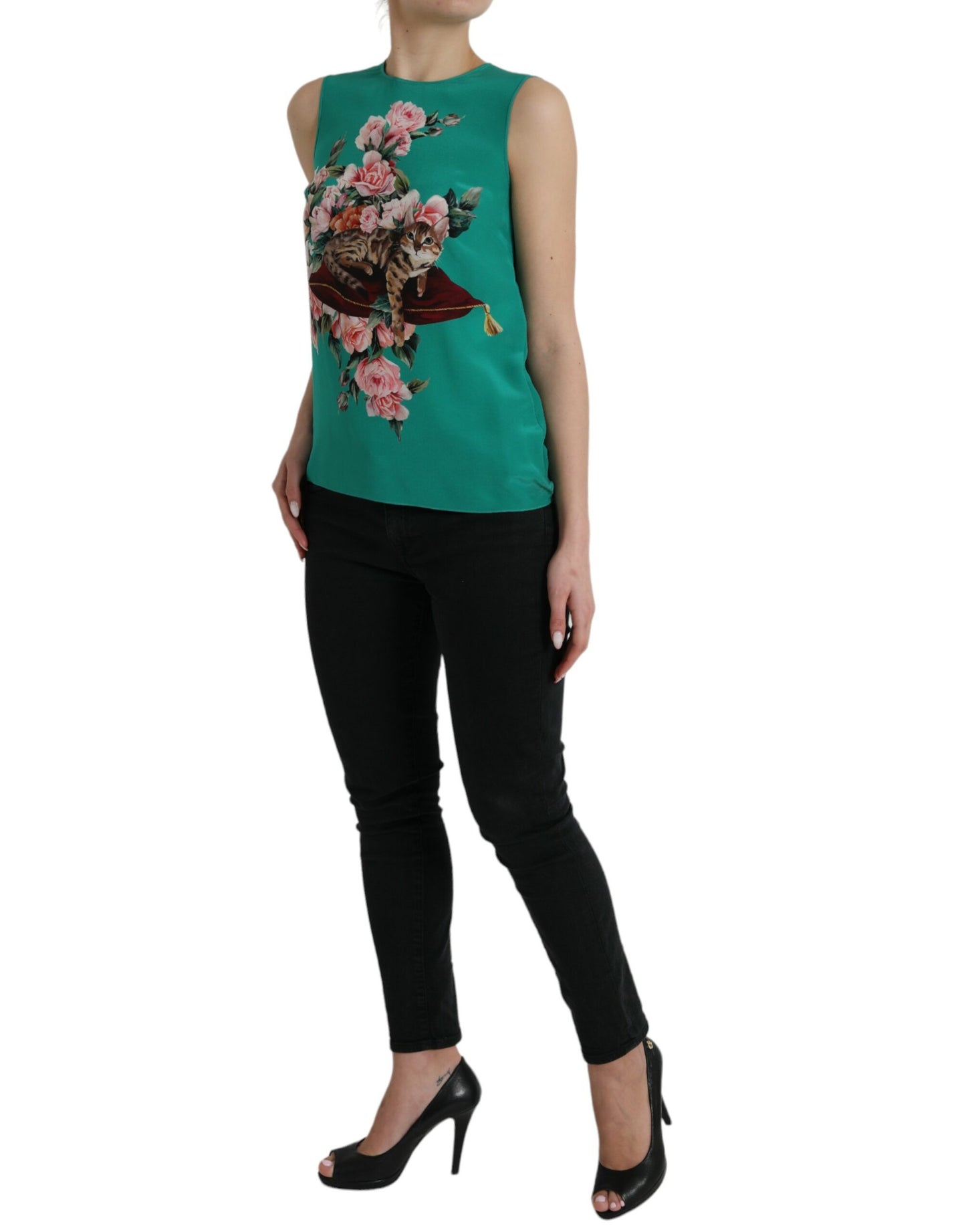 Green Floral Cat Silk Round Neck Tank Top