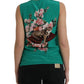 Green Floral Cat Silk Round Neck Tank Top