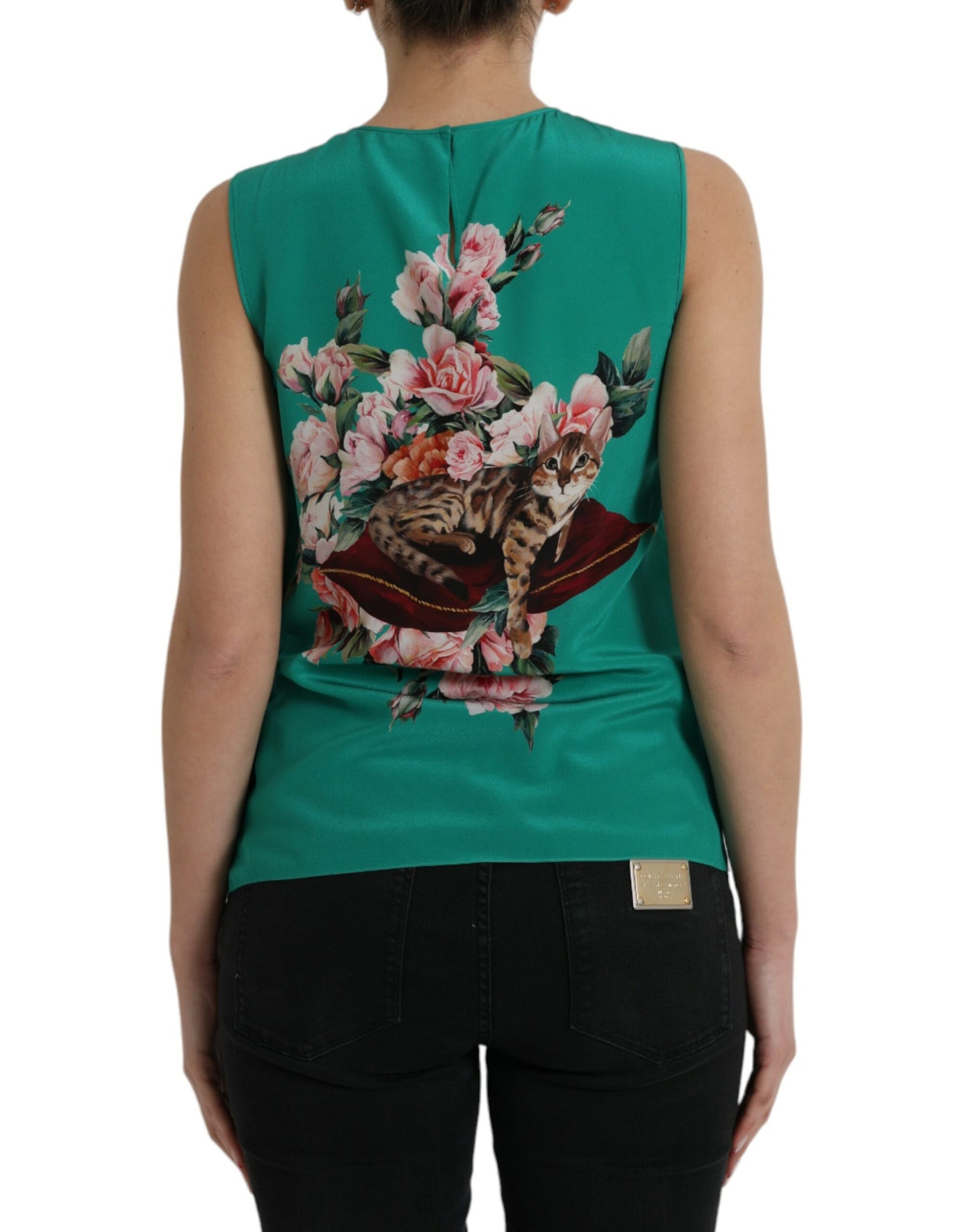 Green Floral Cat Silk Round Neck Tank Top