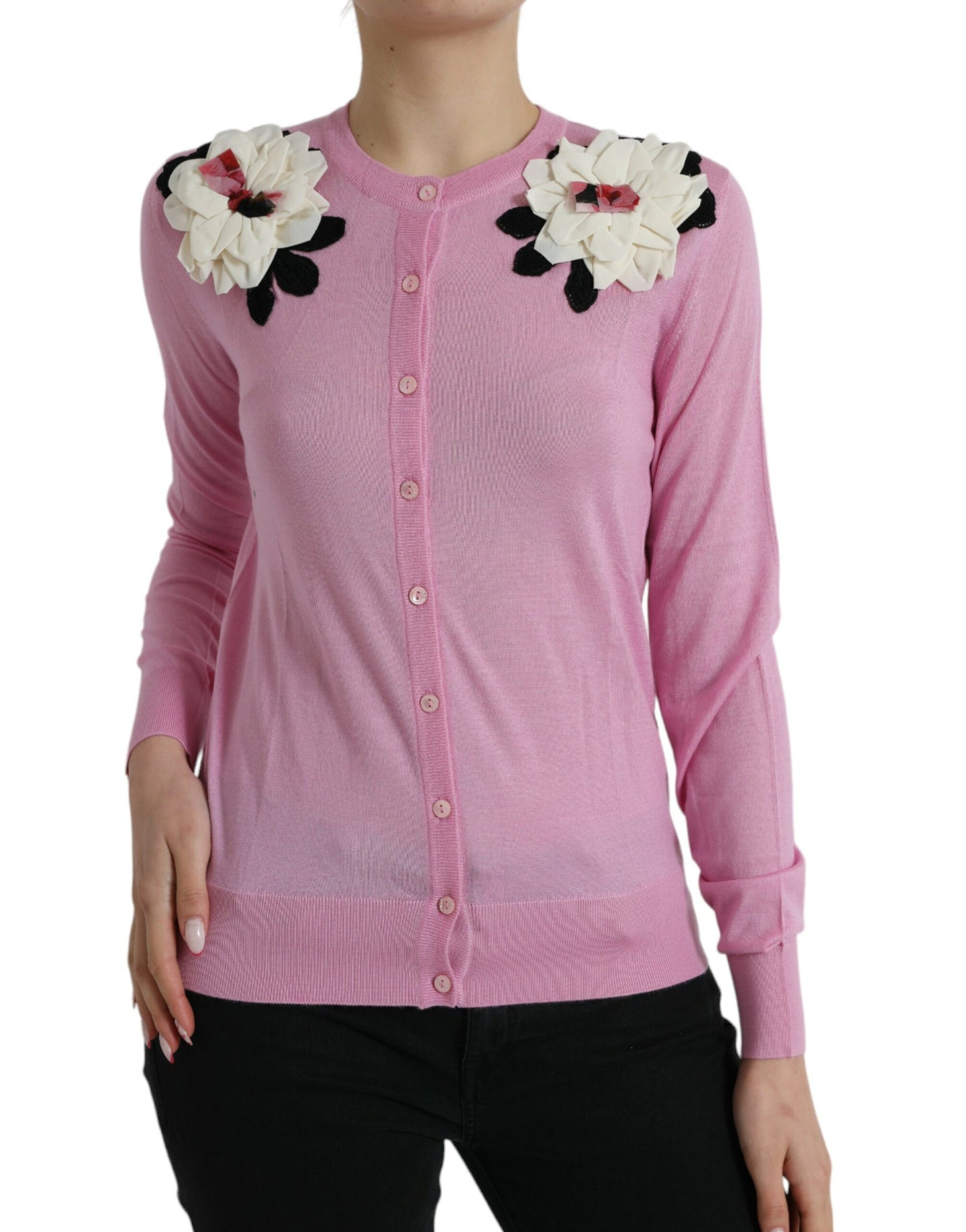 Pink Floral Crew Neck Button Cardigan Sweater