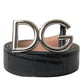 Black Leather Silver Logo Metal Buckle Belt