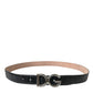 Black Leather Silver Logo Metal Buckle Belt